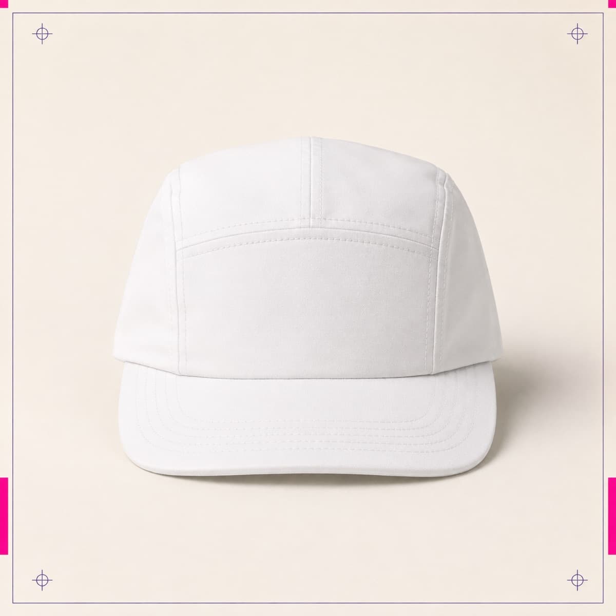 Cap with Polyester Front Panel, an unprinted front panel 100% polyester; crown and peak 100% polyester twill blank photographed flat on almond paper.