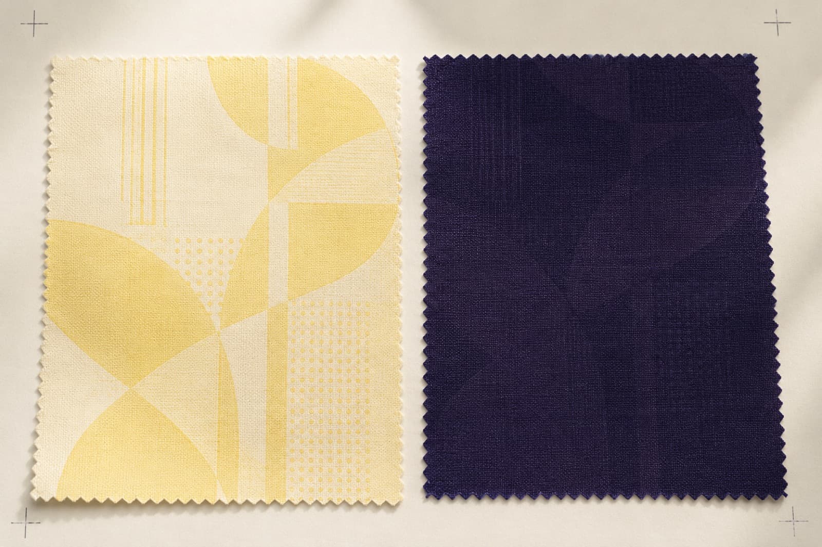 The same pale geometric pattern printed on a cream panel where it reads clearly, and on a dark charcoal panel where it has almost disappeared.