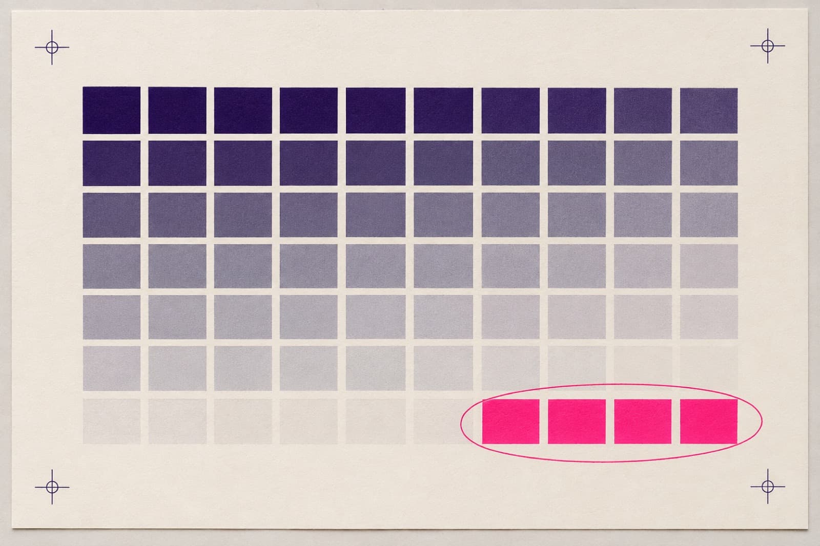 A printed colour-proof chart of violet and neutral patches, with four patches marked out in fluorescent magenta as unreachable.