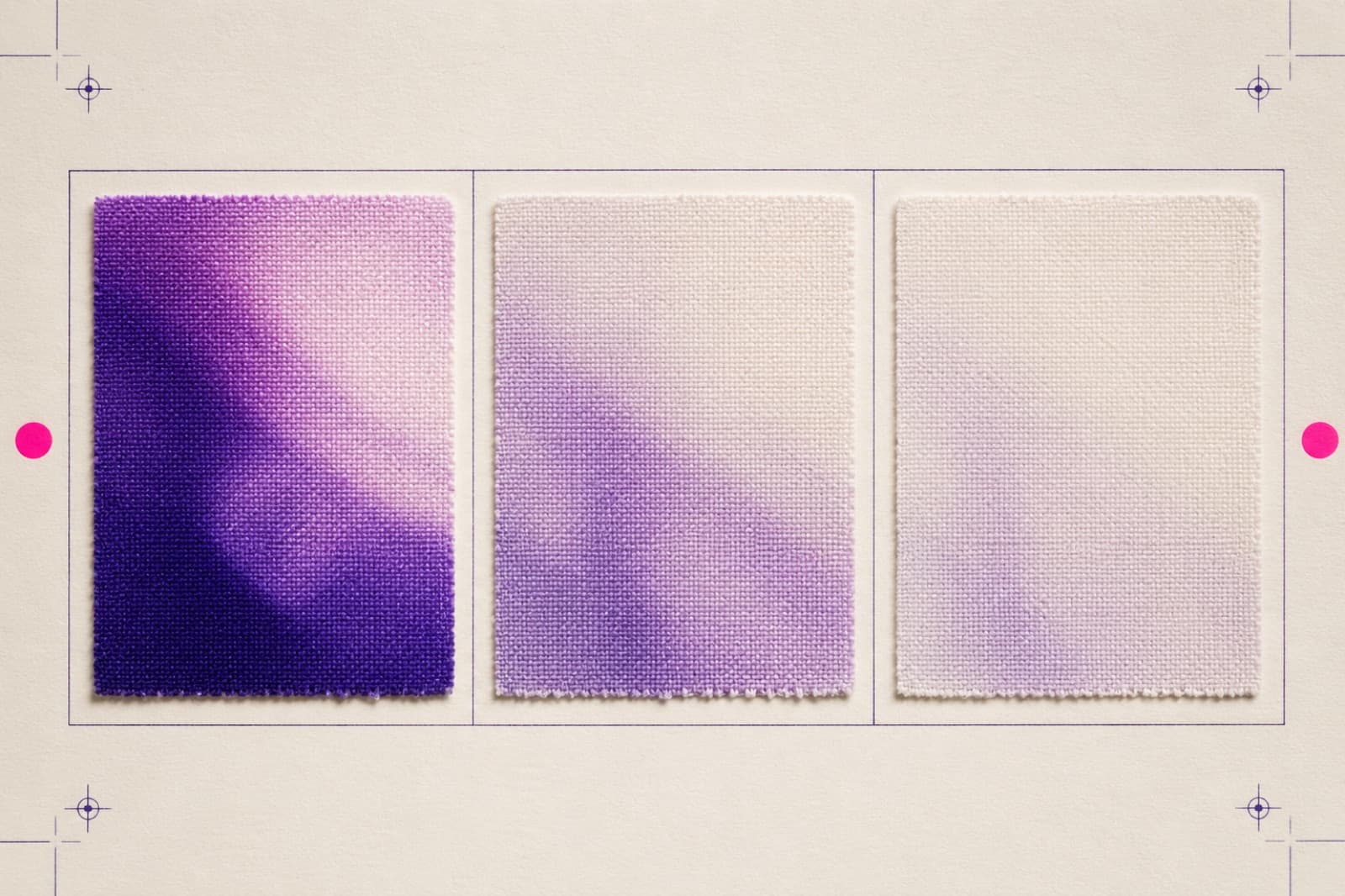 The same violet gradient pressed onto three fabric squares: vivid on 100% polyester, noticeably paler on a poly-cotton blend, and almost invisible on cotton.